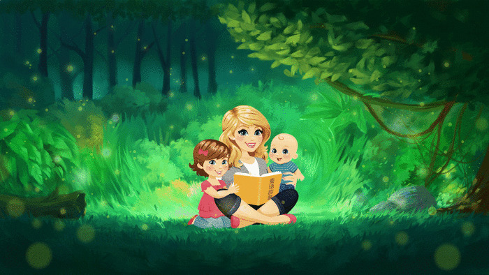 一位卡通妈妈带着孩子在树下看书gif图片