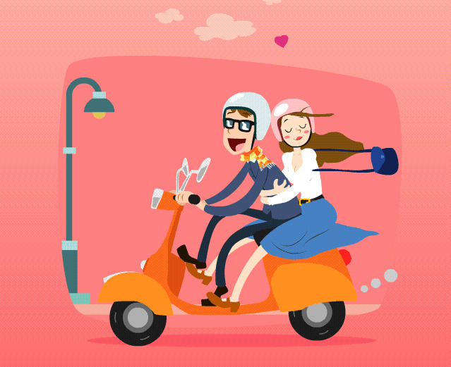 一位卡通小伙子戴着墨镜载着心爱的女人 gif图片:骑摩托