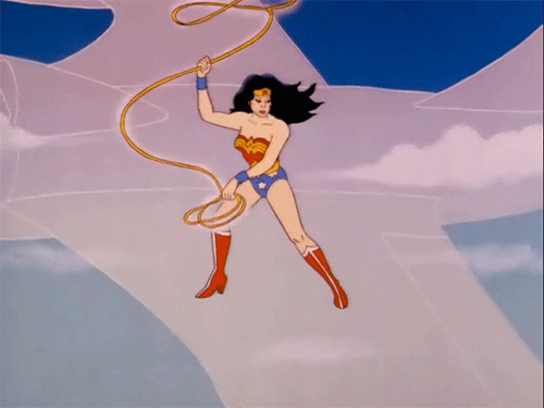 卡通女超人站在飞机上拿着绳子gif图片:女超人