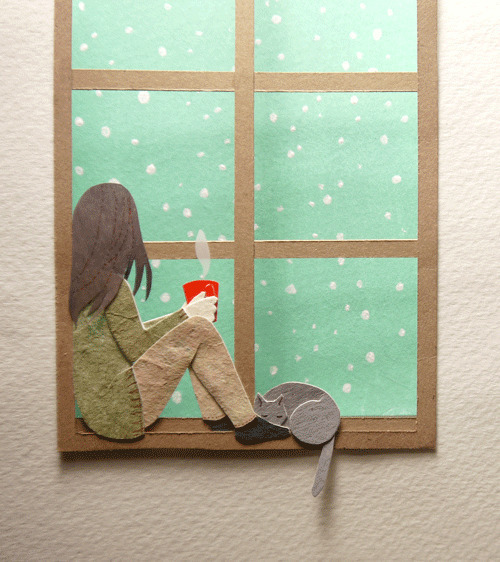 坐在窗边看雪景gif图片素材