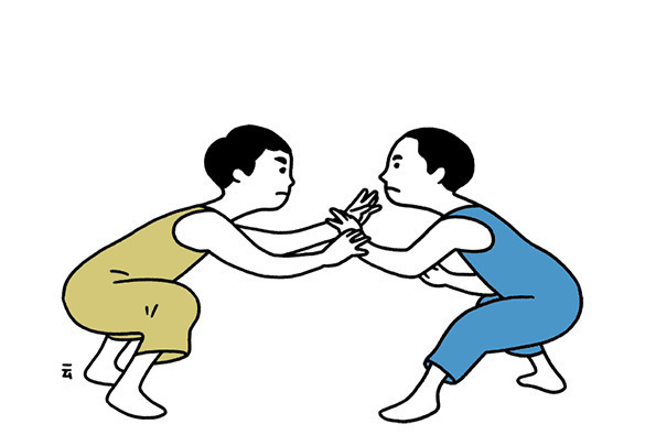 两个卡通男孩双手握在一起打架gif图片:打架