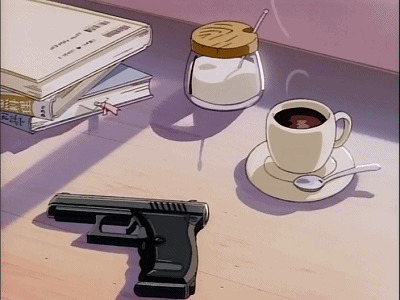 手枪和一杯咖啡动画图片:咖啡,手枪