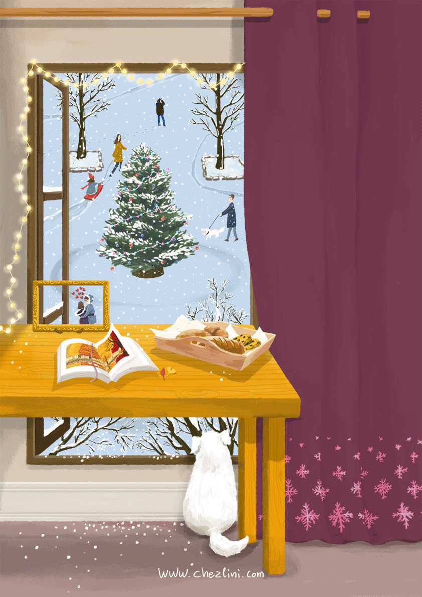 一个悠闲惬意的冬天动画图片:滑雪,雪天