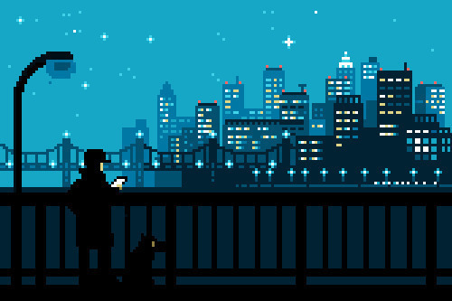卡通男孩拿着手机站在桥头看城市的夜景gif图片