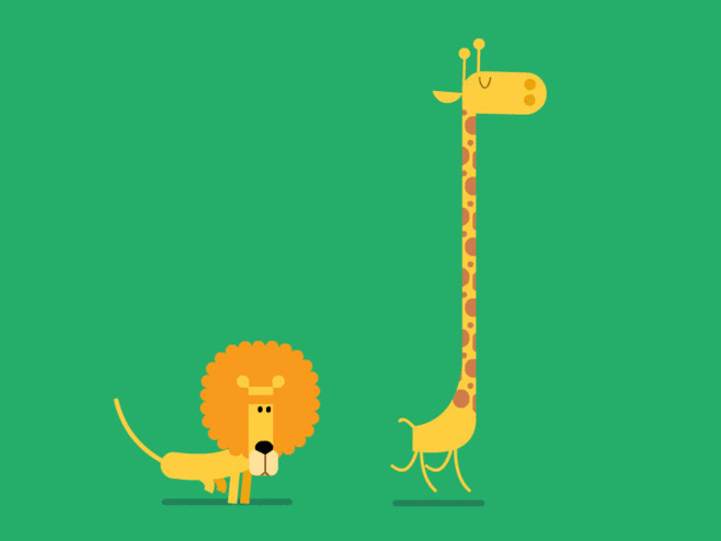 卡通小狮子与长颈鹿蹦蹦跳跳的走路GIF动态图:长颈鹿