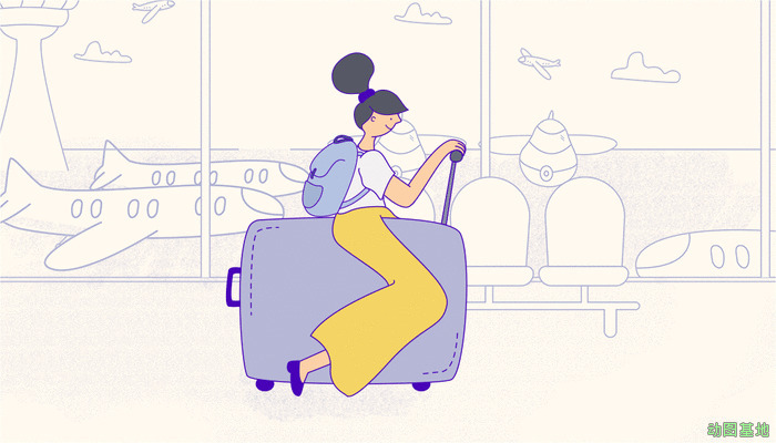 卡通女孩坐在行李箱上滑行GIF图片