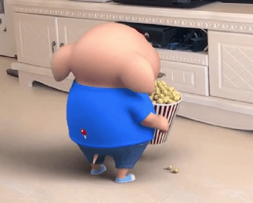 快乐的卡通小猪吃爆米花GIF图片