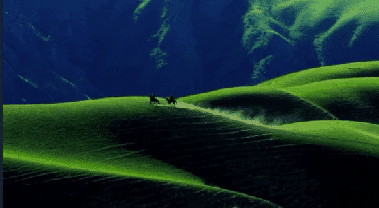骑马奔跑在绿色山丘闪图