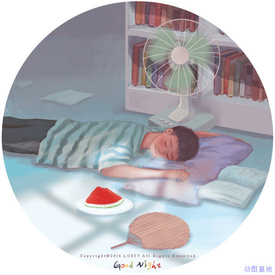 卡通男孩趴在地板上吹着风扇呼呼大睡gif图片:睡觉,吹风扇