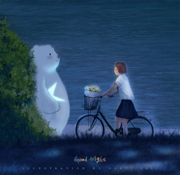 女生岸边遇见大熊动画图片:遇见,自行车