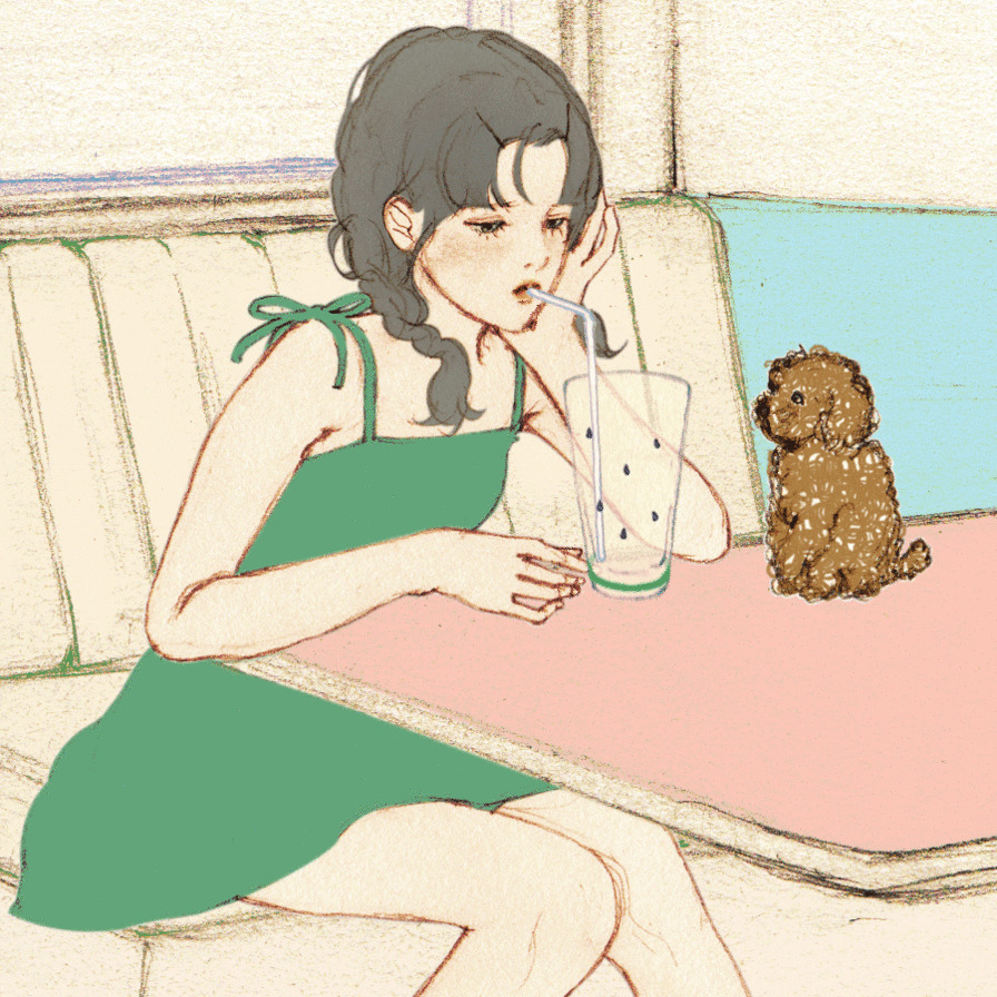 卡通女孩带着小狗狗喝果汁gif图片