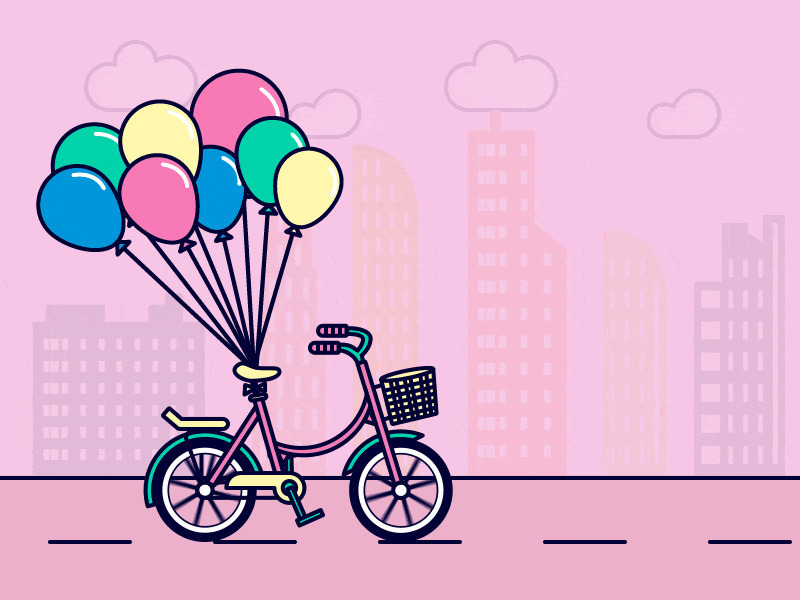 卡通自行车上挂满了气球gif图片:气球