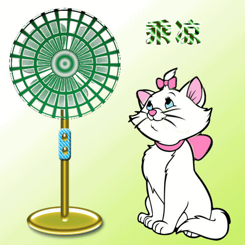 可爱的卡通小猫咪在风扇下乘凉gif图片:小猫咪