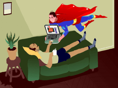 懒人躺在沙发上玩电脑超人为其保驾护航gif图片