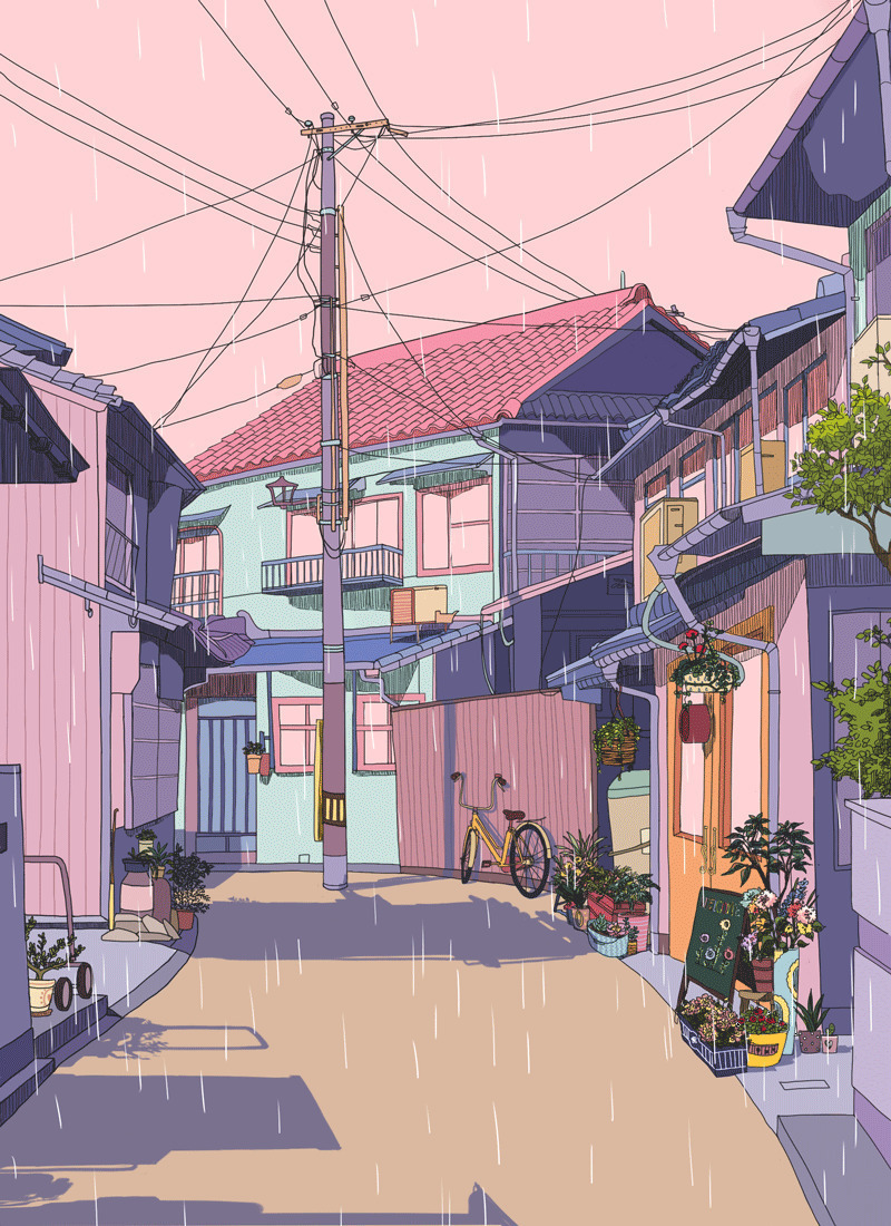 雨中的小镇民居动画图片:下雨,雨景