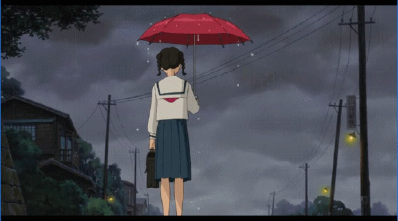 乌云压城一位卡通小女孩打着雨伞在等待着什么gif图片