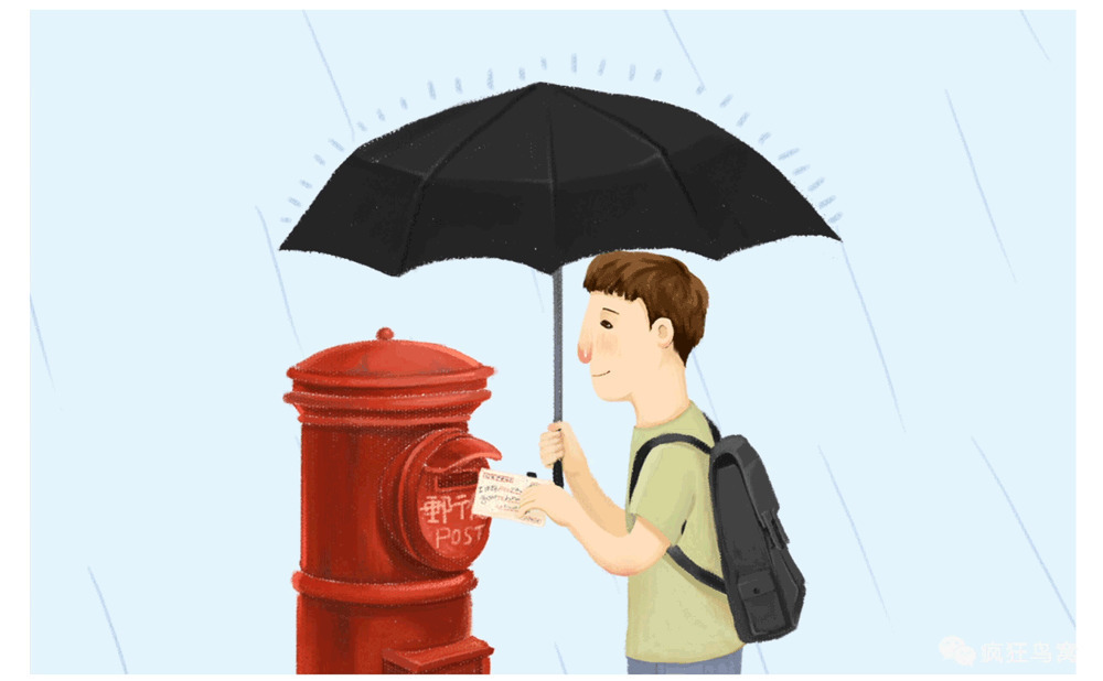 卡通男孩下雨天打着雨伞寄信gif图片:寄信