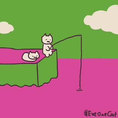 卡通小猫咪在水边钓鱼gif图片