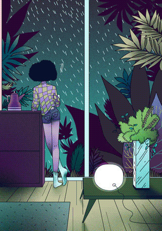 长腿的卡通女孩站在窗边看外面下雨gif图片:下雨