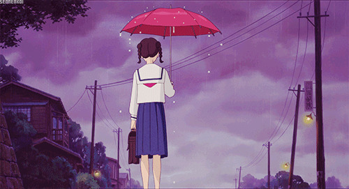 一位卡通小女孩在雨中打着雨伞等人gif图片