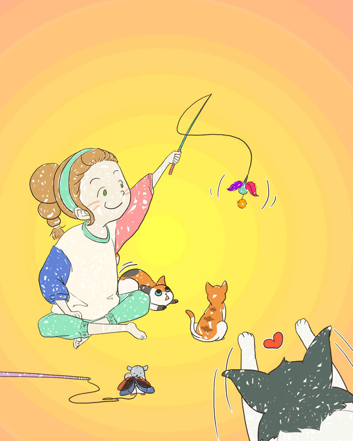 卡通小女孩与猫猫在一起快乐的玩耍gif图片:玩耍