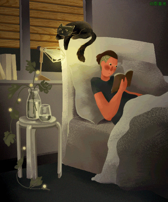 卡通小孩躺在床上看书小猫咪在床头恶搞gif图片