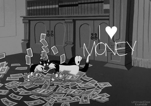 卡通猫猫躺在钞票堆里玩耍gif图片