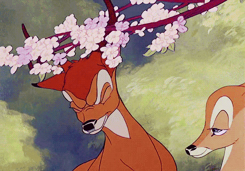 两只卡通小鹿在树枝下亲吻gif图片:小鹿