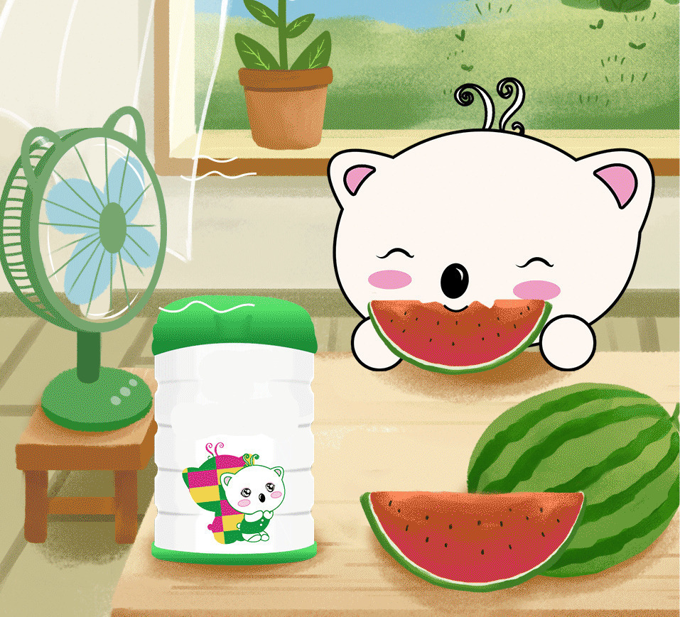 吹着风扇吃西瓜动画图片:吃西瓜