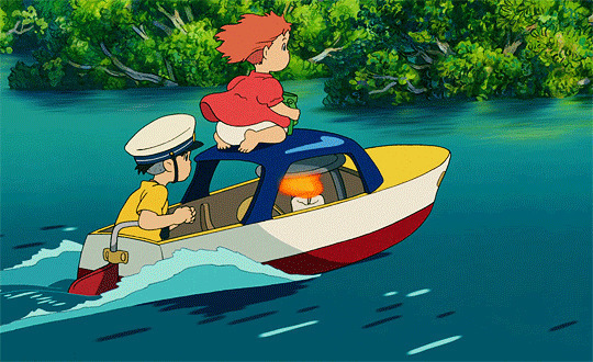 卡通小警察开着快艇在湖里巡查gif图片