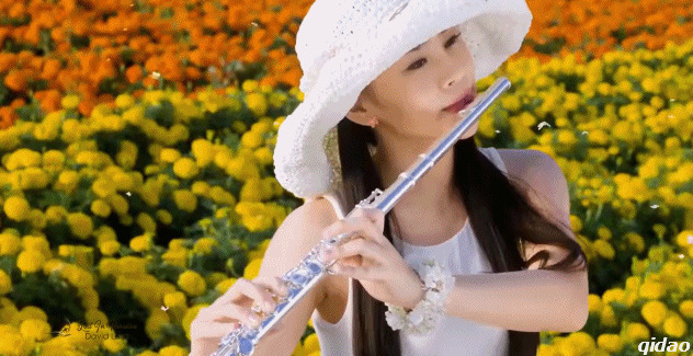 头上戴着花环的女人在花田里弹奏音乐gif图片