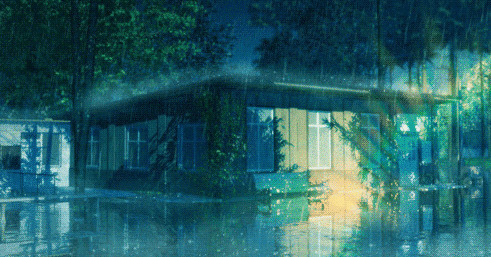 雨中森林的房子动画图片:下雨