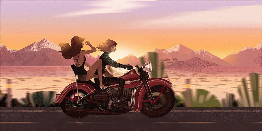 卡通男孩骑摩托戴着心爱的女孩玩耍gif图片:骑摩托