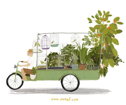 卡通小孩骑着三轮车拉着一车的鸟笼和植物gif图片:鸟笼