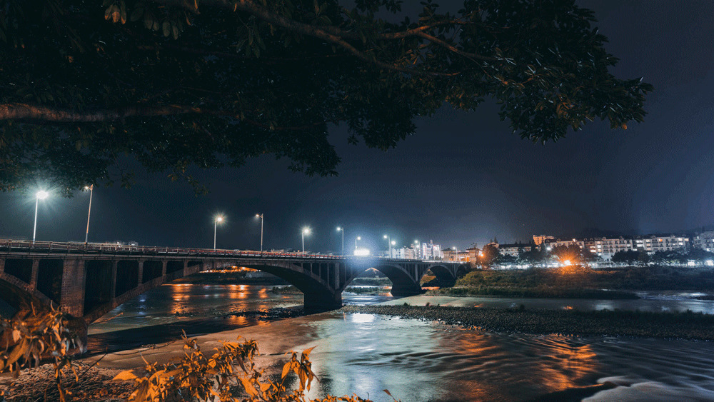 桥下的小溪流夜景动态图片:溪流