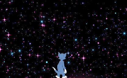 一只卡通小猫看着漫天的繁星星光闪闪gif图片