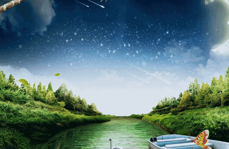 星空和绿色湖畔的唯美动态图片:星空,湖畔