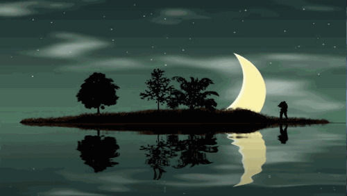 美丽的湖心岛上一轮弯月映衬的十分美丽gif图片:月亮