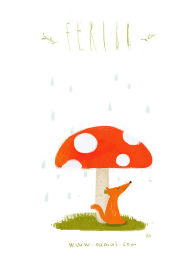 在蘑菇下躲雨的小狐狸动画图片:狐狸,蘑菇