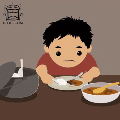 卡通小孩坐在桌子前疯狂的吃早餐gif图片:早餐