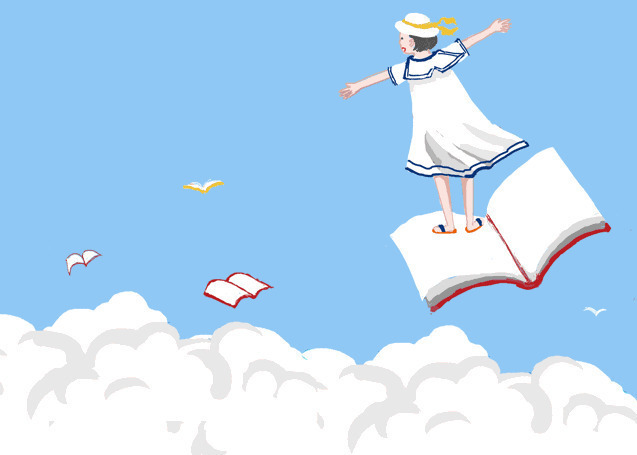 卡通小女孩站在书本上飞舞gif图片
