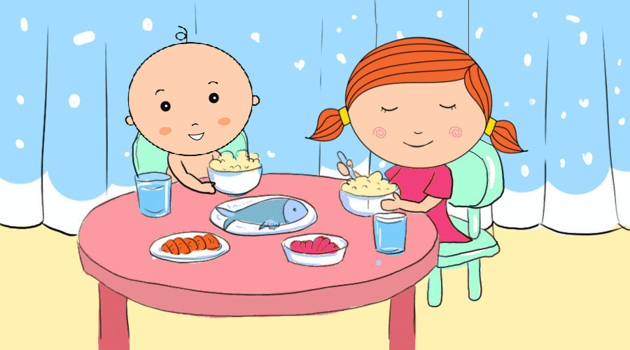 两个卡通小孩坐在餐桌前吃饭gif图片