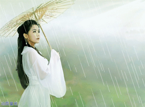 长发女孩在雨中打着伞遥望着远方gif图片:雨伞