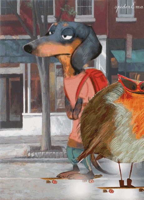 一只卡通狗狗背着书包滑着滑板去上学gif图片