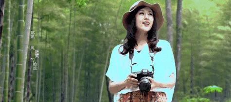 漂亮的女孩拿着相机戴着帽子走在树林里gif图片