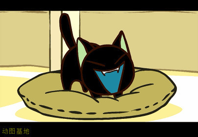 一只卡通小黑猫在坐垫上撒娇gif图片:小黑猫