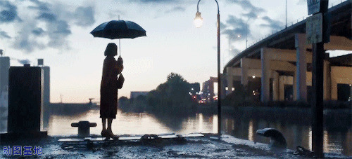 穿着风衣的女孩打着伞站在桥下看风景GIF图片