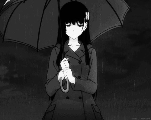 有心事的女孩动画图片:下雨,打伞