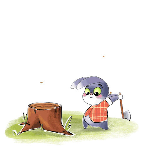 卡通小兔子拿着斧子用力的砍木桩GIF图片:小兔子