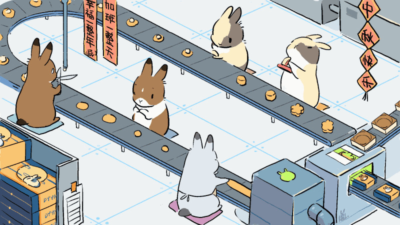 卡通小兔子在流水线上做月饼GIF图片:小兔子,月饼